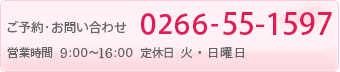 お問い合わせ[0266-27-3222]営業時間10:00〜20:00,定休日:火曜 第2・4日曜,第1・3月曜